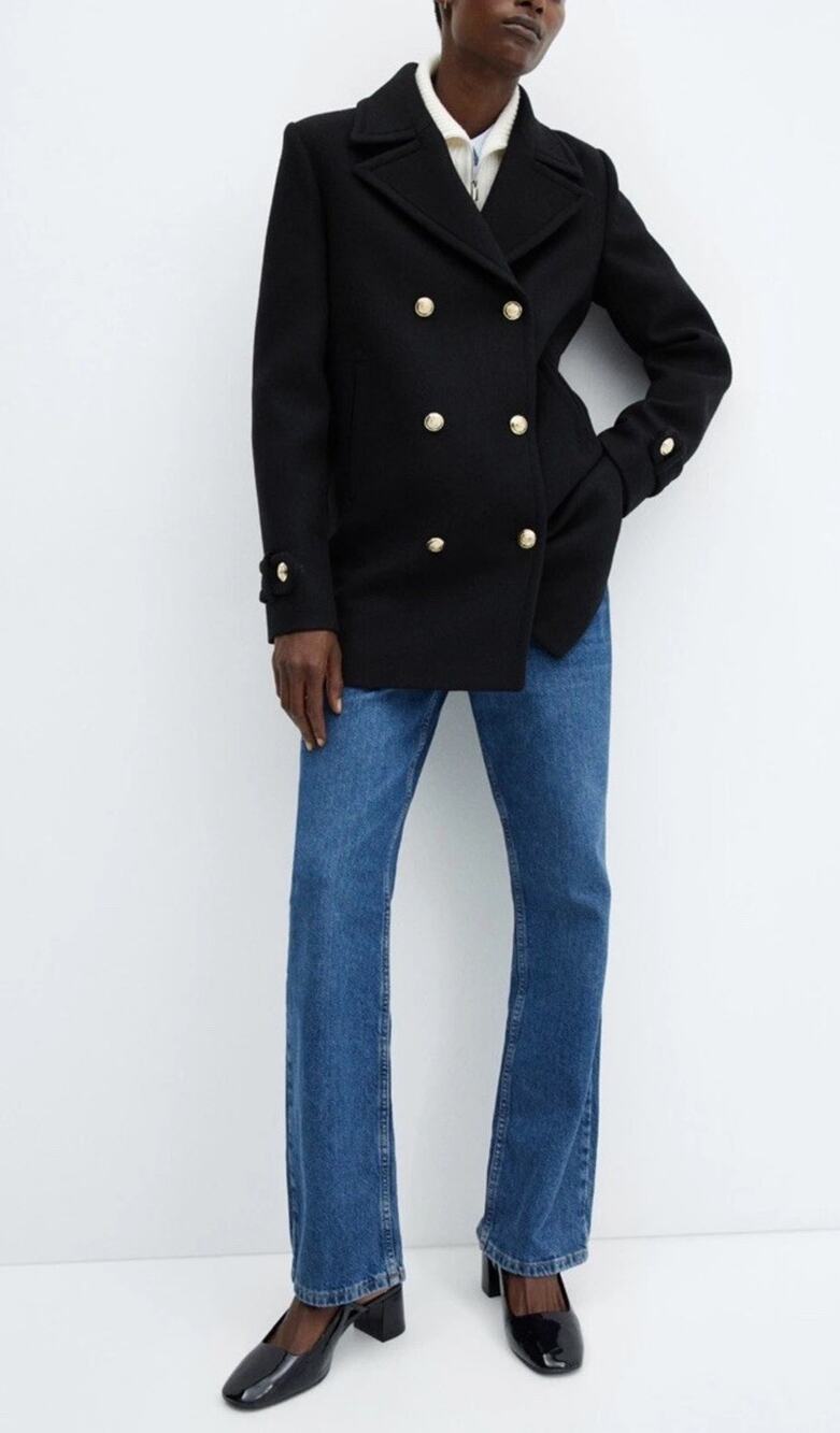 MANGO Italian Virgin Wool Double Breasted Black Coat Gold Buttons L US 8